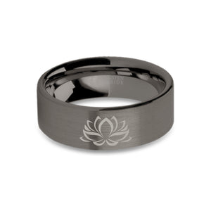 Lotus Flower Zen Laser Engraved Gunmetal Tungsten Ring, Brushed