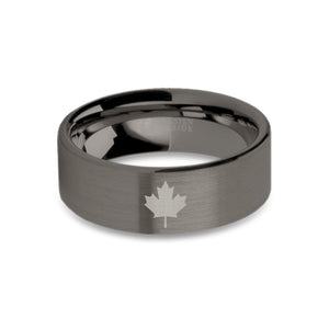 Canadian Maple Leaf Engraved Gunmetal Tungsten Ring, Brushed