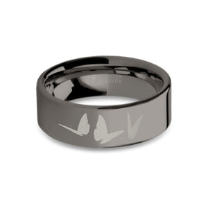 Butterflies Insect Engraved Gunmetal Gray Tungsten Ring, Polished