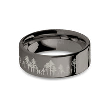 Load image into Gallery viewer, Hand-drawn Forest Tree Line Landscape Gunmetal Gray Tungsten Ring