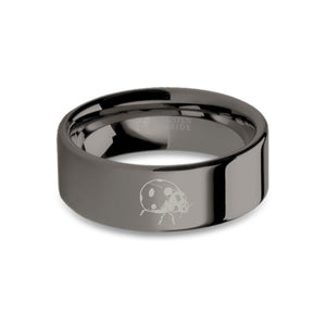 Ladybug Insect Engraved Gunmetal Gray Tungsten Ring, Polished