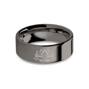 Lotus Flower Zen Engraved Gunmetal Tungsten Ring, Polished