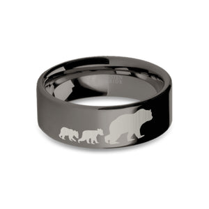 Cute Bear Cubs Engraved Gunmetal Gray Tungsten Ring, Polished