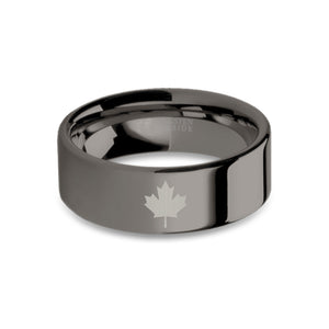 Canadian Maple Leaf Gunmetal Gray Tungsten Wedding Band, Polished