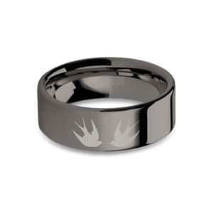 Swallows Engraved Gunmetal Gray Tungsten Wedding Band, Polished