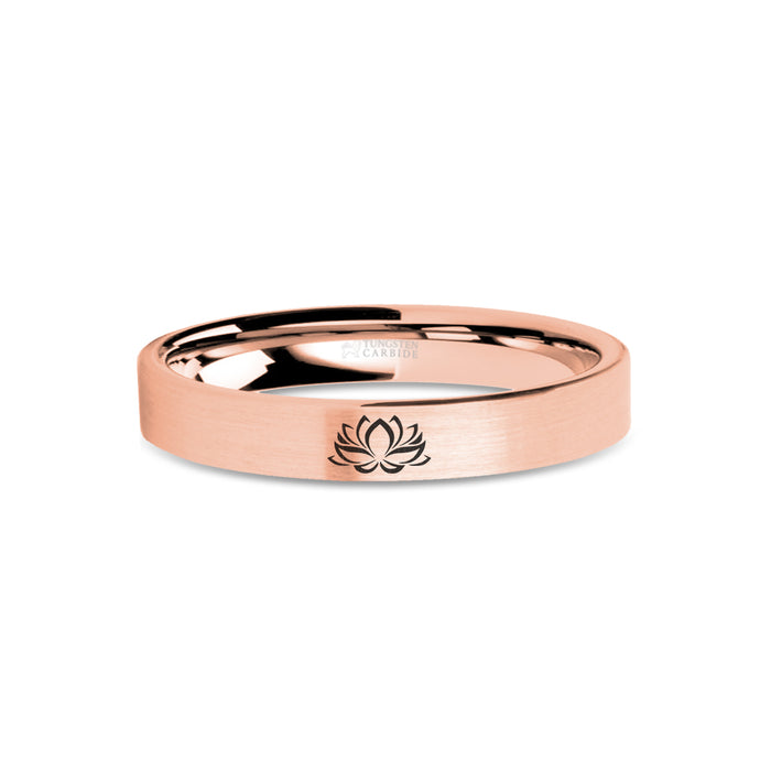 Lotus Flower Zen Laser Engraved Rose Gold Tungsten Ring, Brushed