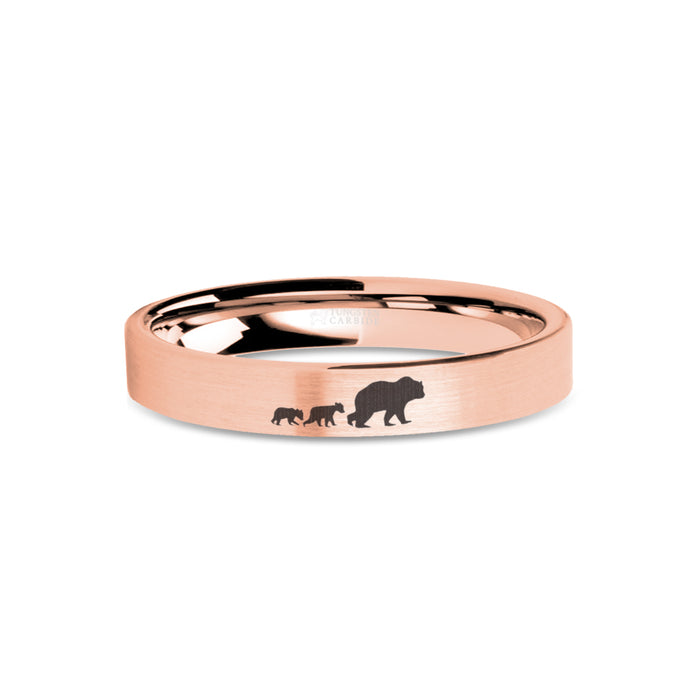 Cute Bear Cubs Engraved Rose Gold Tungsten Wedding Ring, Brushed
