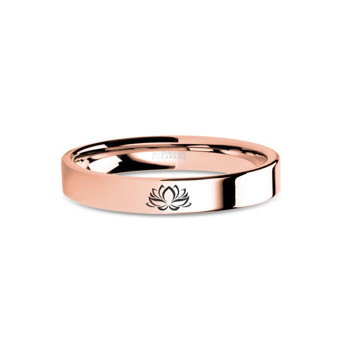 Lotus Flower Zen Engraved Rose Gold Tungsten Ring, Polished