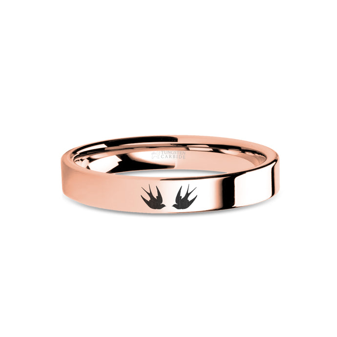 Swallows Birds Engraved Rose Gold Tungsten Wedding Ring, Polished