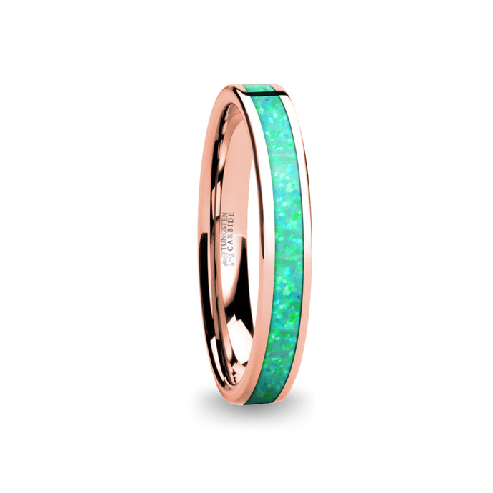 Turquoise Green Opal Inlay Women's Rose Gold Tungsten Ring