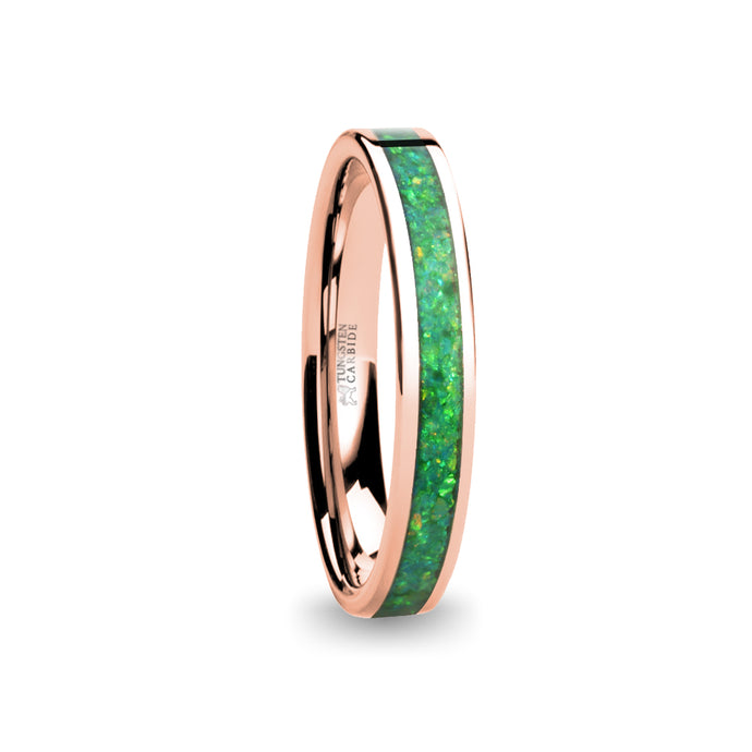 Verdant Emerald Green Opal Inlay Rose Gold Tungsten Wedding Ring