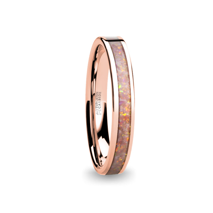 Light Pale Pink Opal Inlay Rose Gold Tungsten Wedding Ring