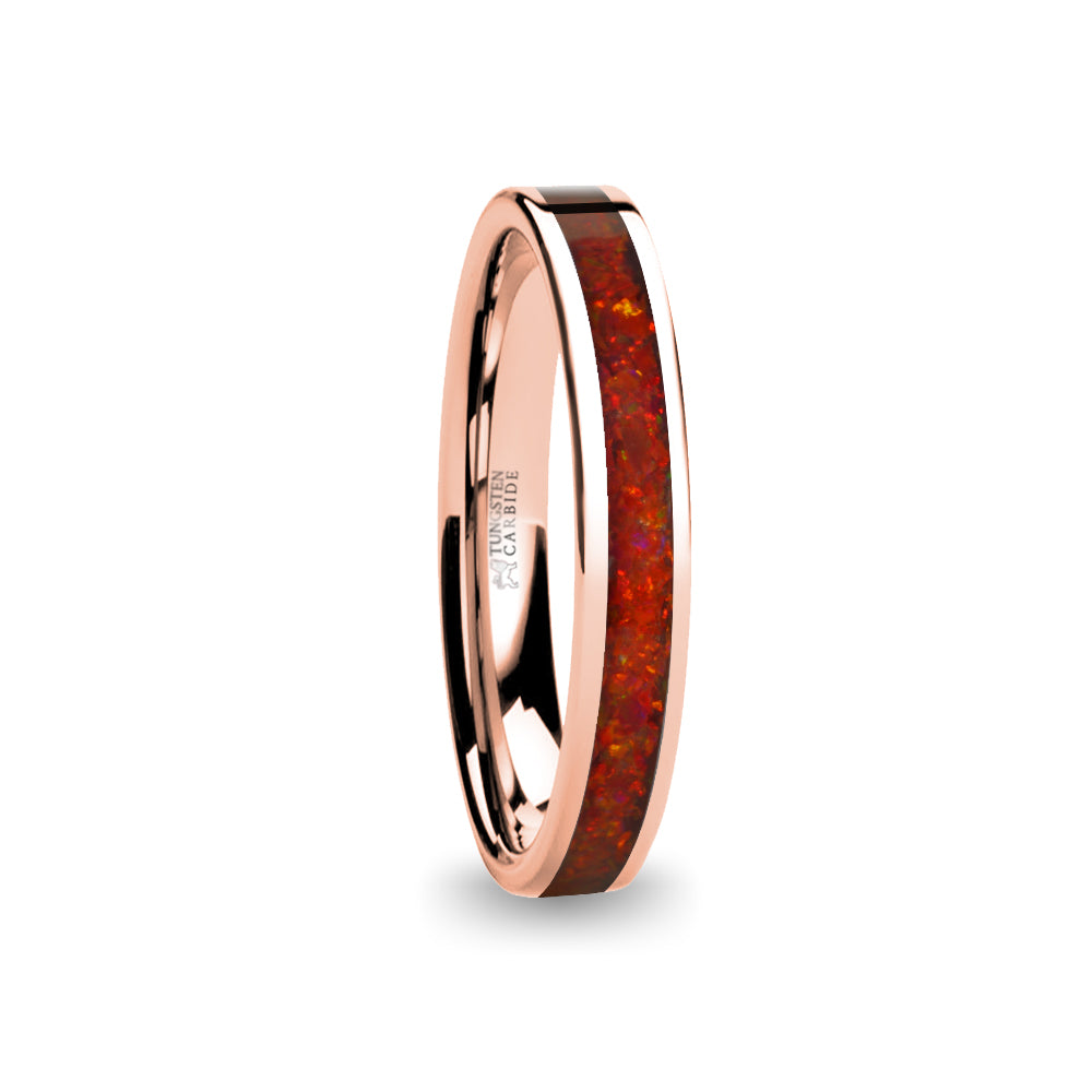 Deep Ruby Red Opal Inlay Rose Gold Tungsten Wedding Carbide Ring