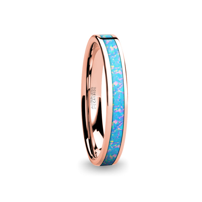 Light Blue Pink Flake Opal Inlay Rose Gold Tungsten Wedding Ring