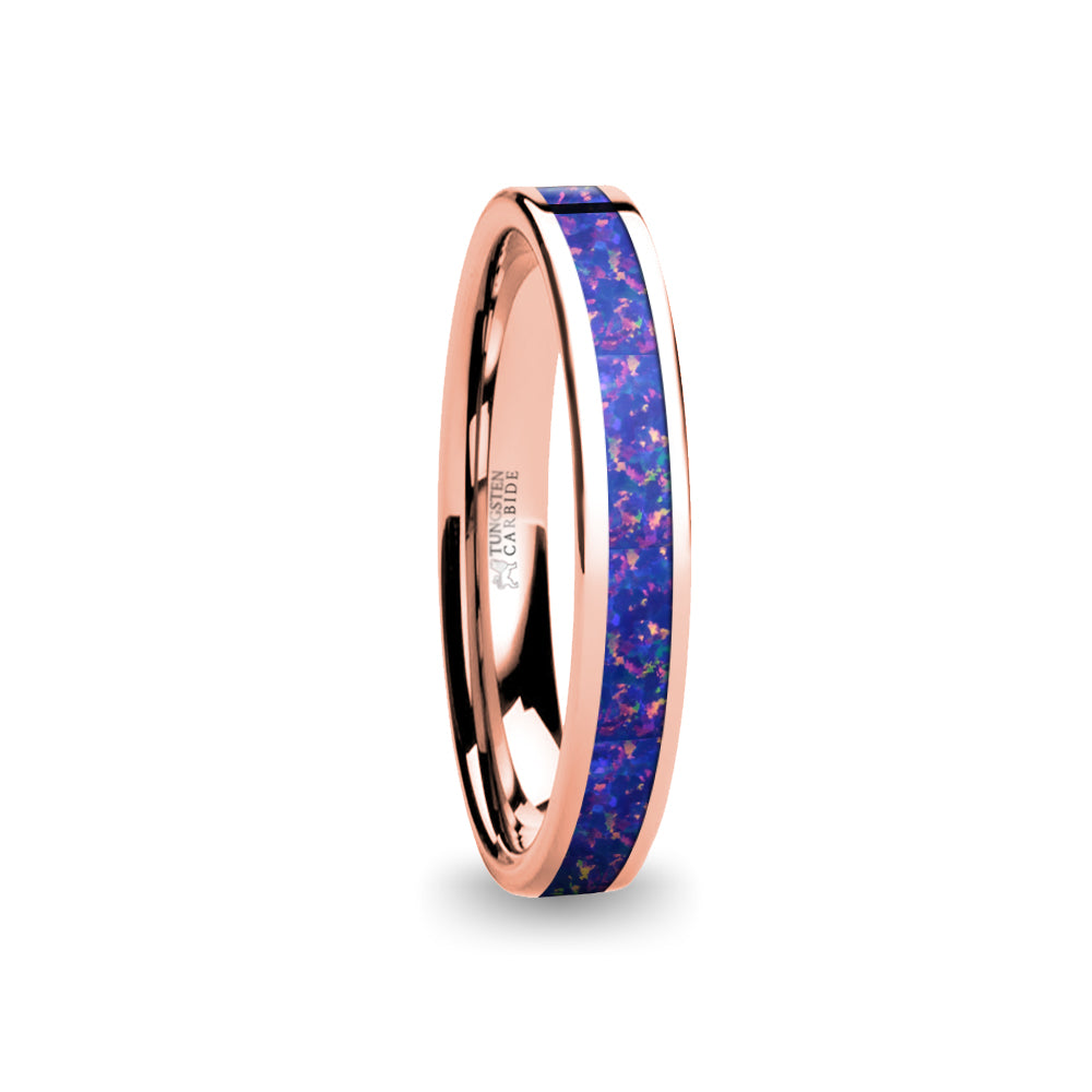 Navy Blue Purple Opal Inlay Pink Flake Rose Gold Tungsten Ring