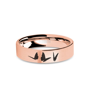 Butterflies Insects Engraved Rose Gold Tungsten Ring, Brushed