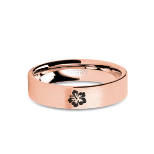 Hibiscus Flower Engraved Rose Gold Tungsten Wedding Ring, Brushed