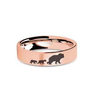 Cute Bear Cubs Engraved Rose Gold Tungsten Wedding Ring, Brushed