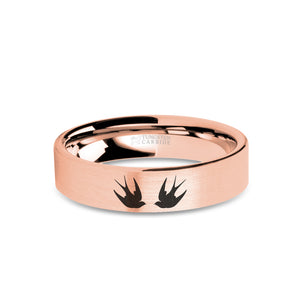 Swallows Laser Engraved Rose Gold Tungsten Wedding Ring, Brushed