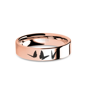 Butterflies Insect Engraved Rose Gold Tungsten Ring, Polished