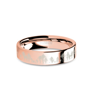 Pine Trees Outdoors Scene Laser Engraved Rose Gold Tungsten Ring
