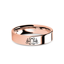 Load image into Gallery viewer, Lotus Flower Zen Engraved Rose Gold Tungsten Ring, Polished