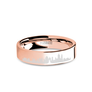 New York City Skyline Cityscape Engraved Rose Gold Tungsten Ring