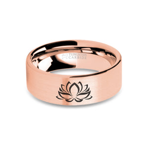 Lotus Flower Zen Laser Engraved Rose Gold Tungsten Ring, Brushed