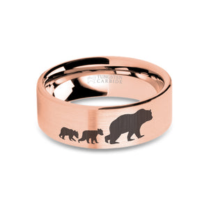 Cute Bear Cubs Engraved Rose Gold Tungsten Wedding Ring, Brushed