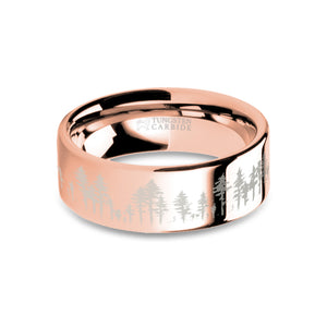 Pine Trees Outdoors Scene Laser Engraved Rose Gold Tungsten Ring