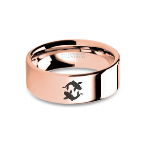Koi Fish Carp Engraved Rose Gold Tungsten Wedding Ring, Polished