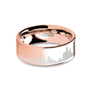 Detroit City Skyline Laser Engraved Rose Gold Tungsten Ring