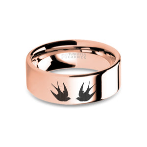 Swallows Birds Engraved Rose Gold Tungsten Wedding Ring, Polished