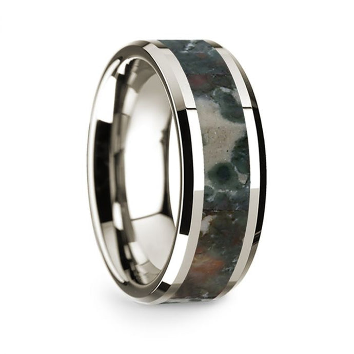 Coprolite Dinosaur Fossil Inlay 14K White Gold Wedding Ring, Beveled