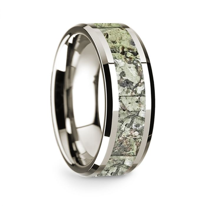 Green Dinosaur Bone Inlay 14K White Gold Wedding Ring, Beveled
