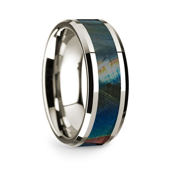 Iridescent Dinosaur Fossil Spectrolite 14K White Gold Ring, Beveled